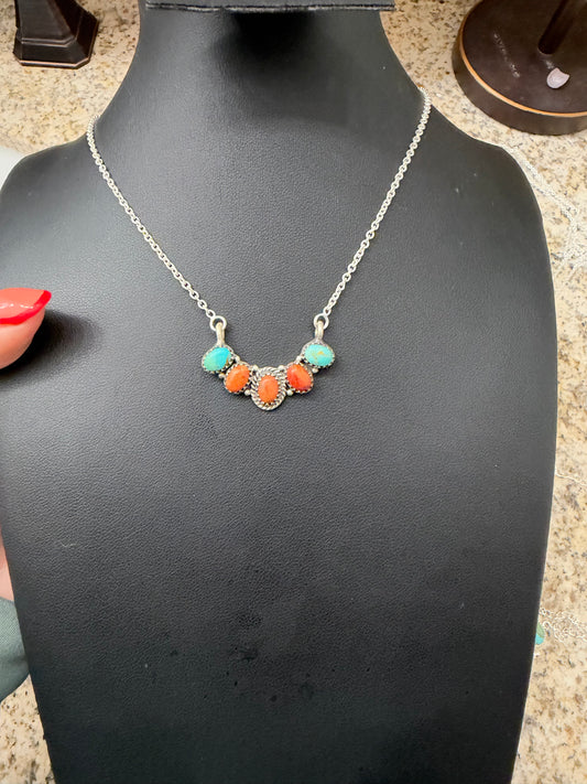 Kingman turquoise and orange Mojave curve bar necklace