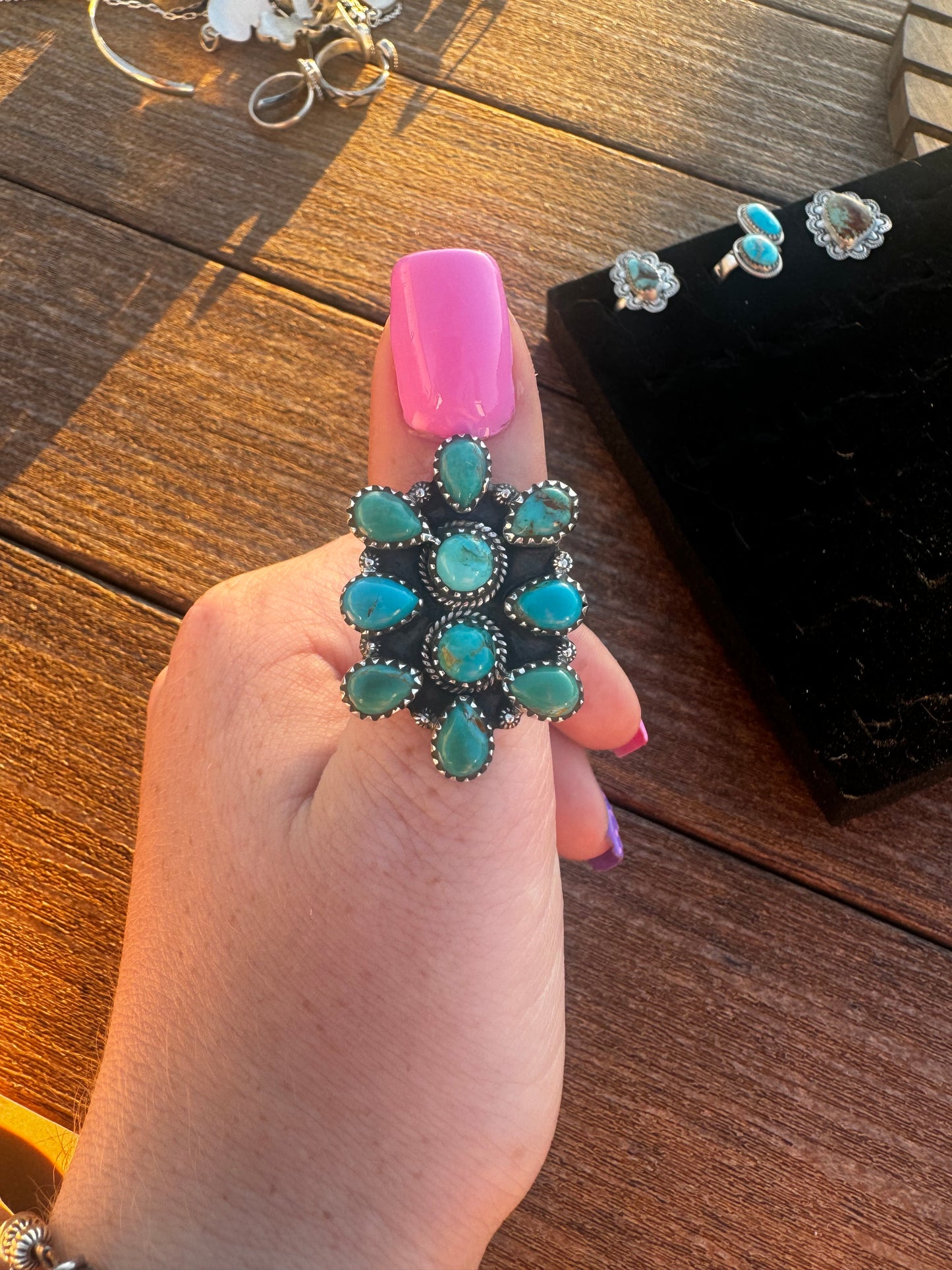 Kingman turquoise cluster adjustable ring