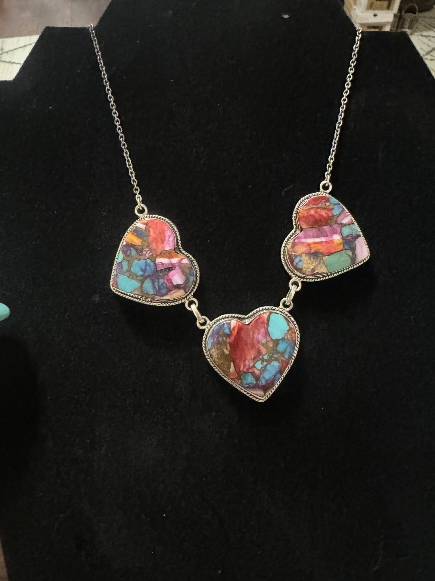 Pink dahlia 3 stone heart necklace