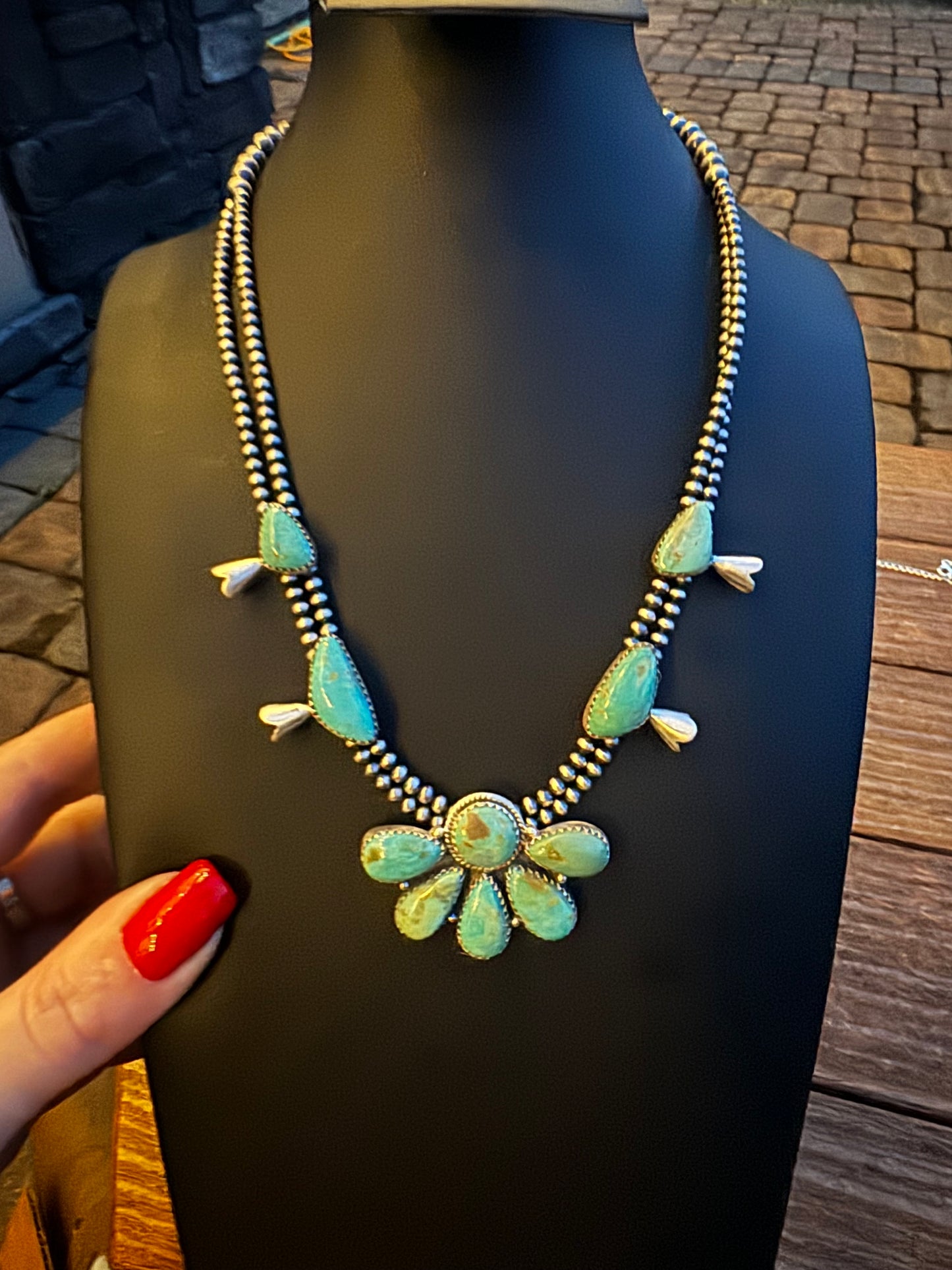 Hachita turquoise half cluster necklace on pearls
