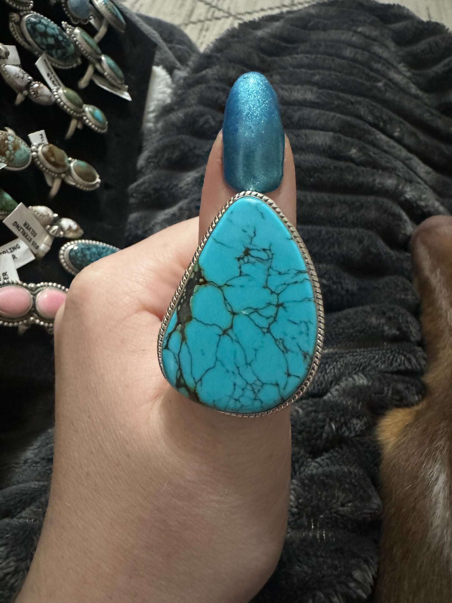 Turquoise teardrop large adjustable ring