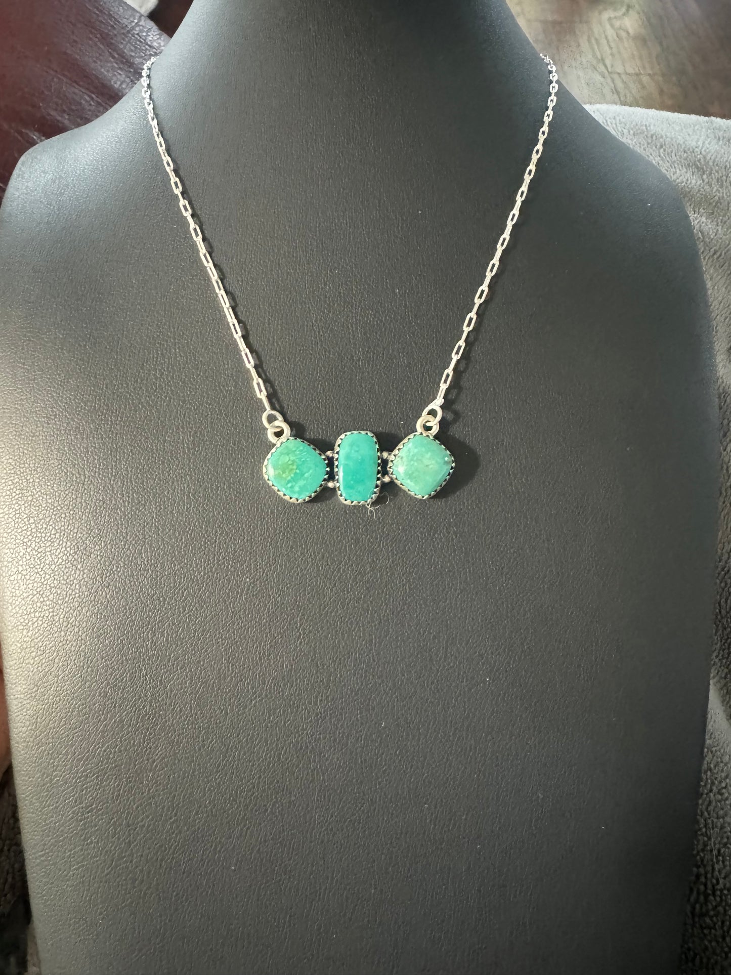 Stormy mountain turquoise 3 stone bar necklace