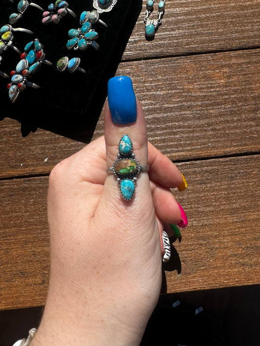Whitewater and Sonoran gold turquoise ring on adjustable stamped band