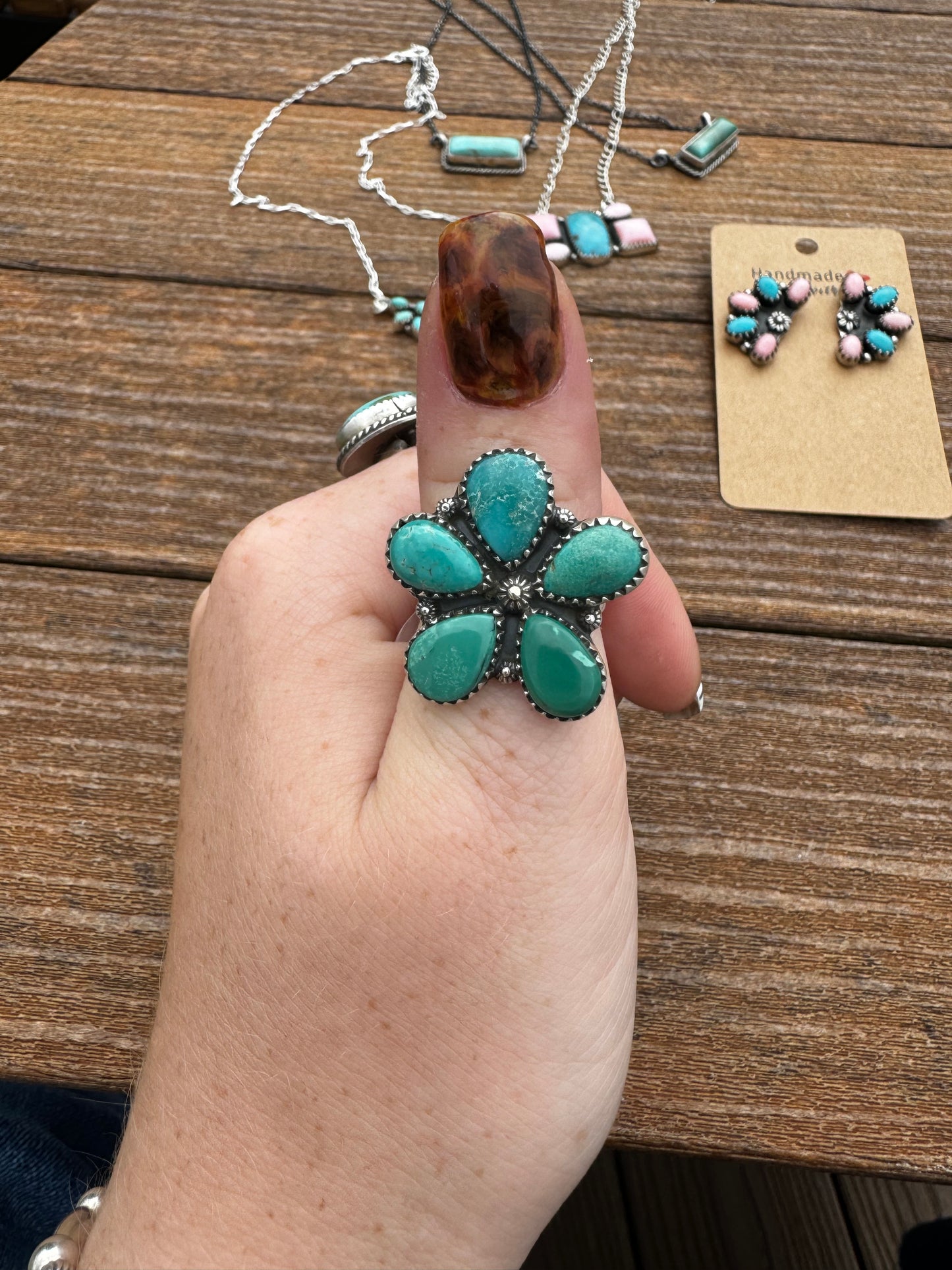 Pilot mountain flower adjustable turquoise ring