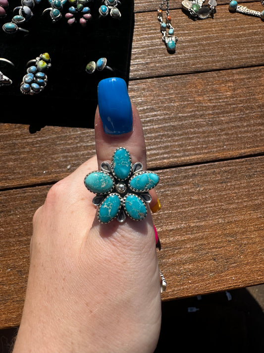 Whitewater turquoise adjustable flower ring