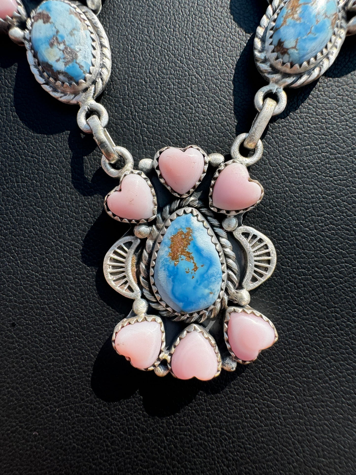 Pink conch and golden hills turquoise lariat necklace