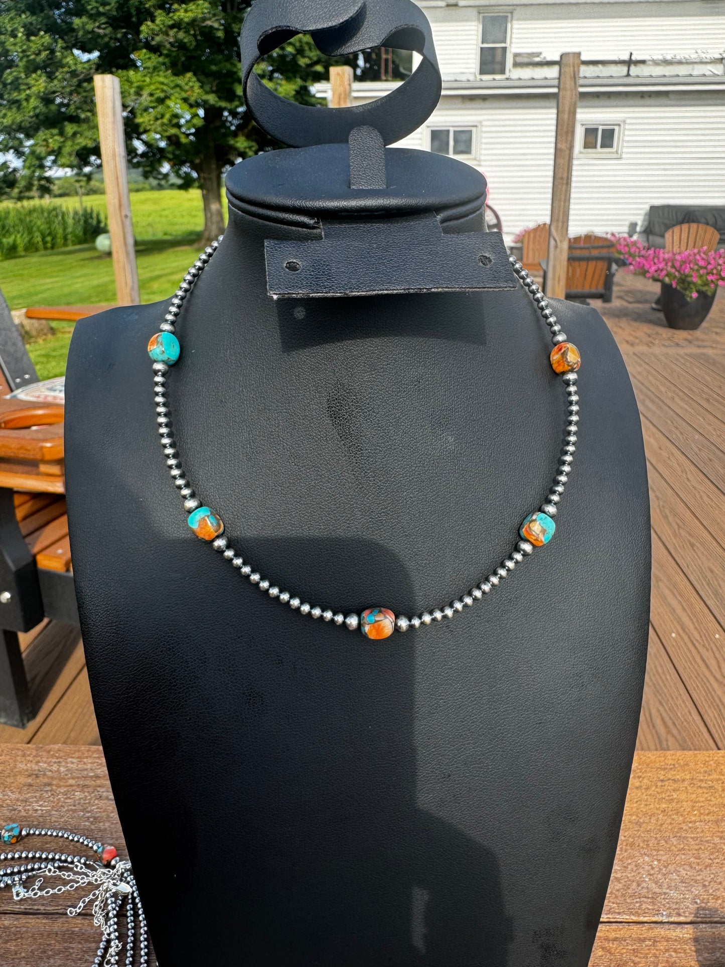 Turquoise and spiny oyster choker pearl necklace