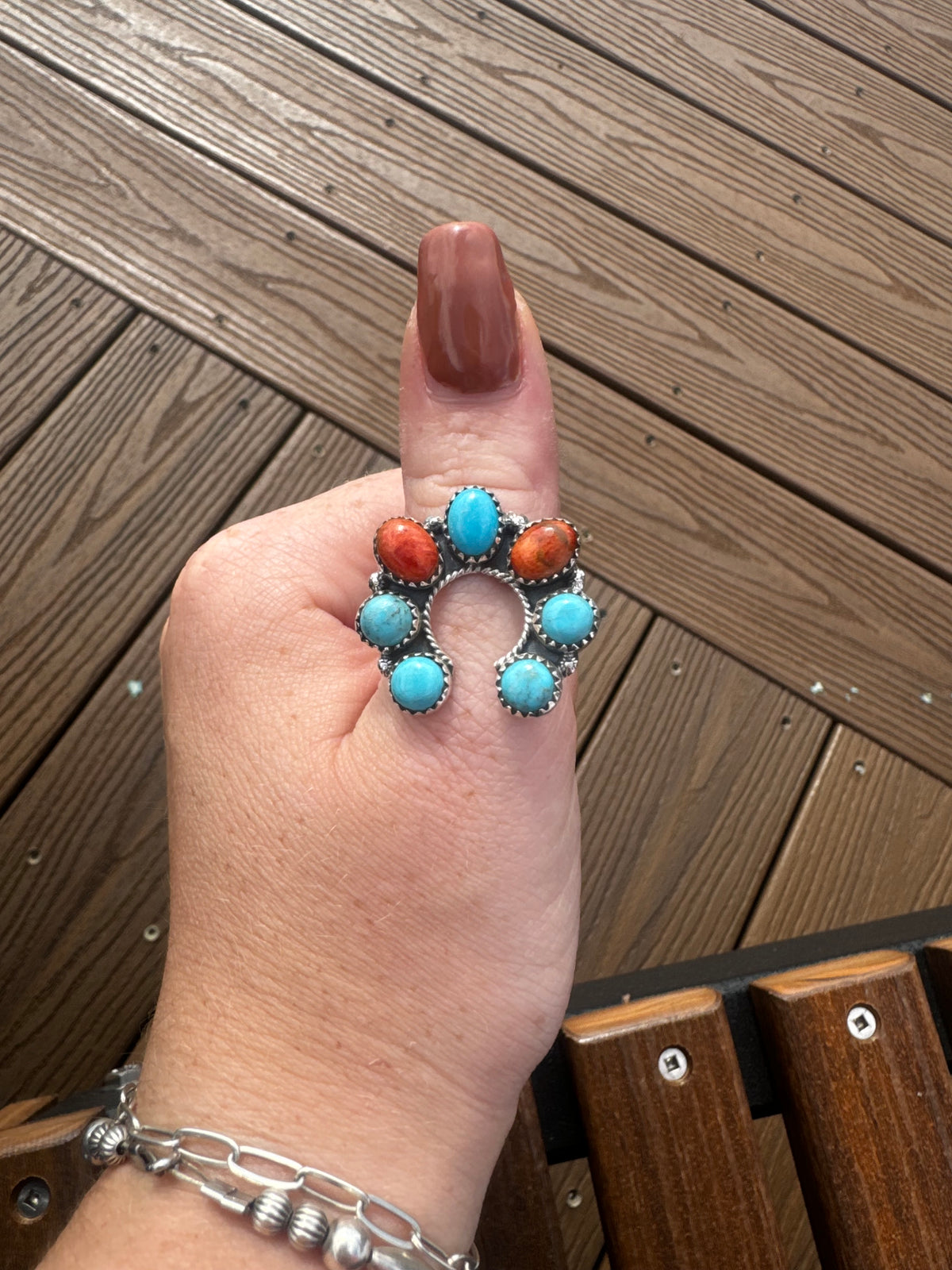 Turquoise and orange Mojave Naja adjustable ring