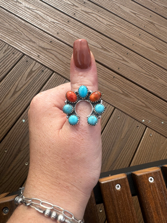 Turquoise and orange Mojave Naja adjustable ring