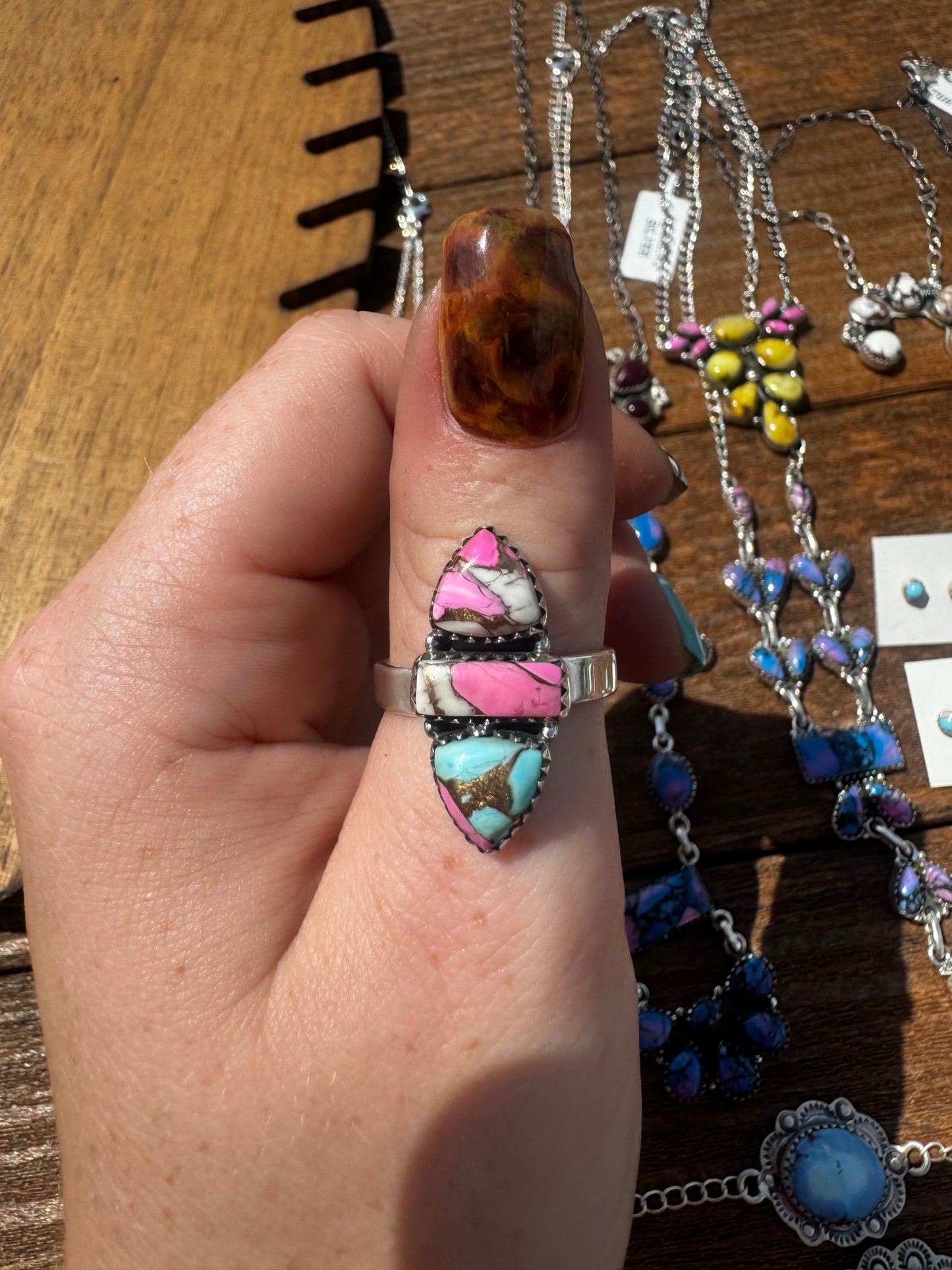 Cotton candy 3 stone adjustable ring