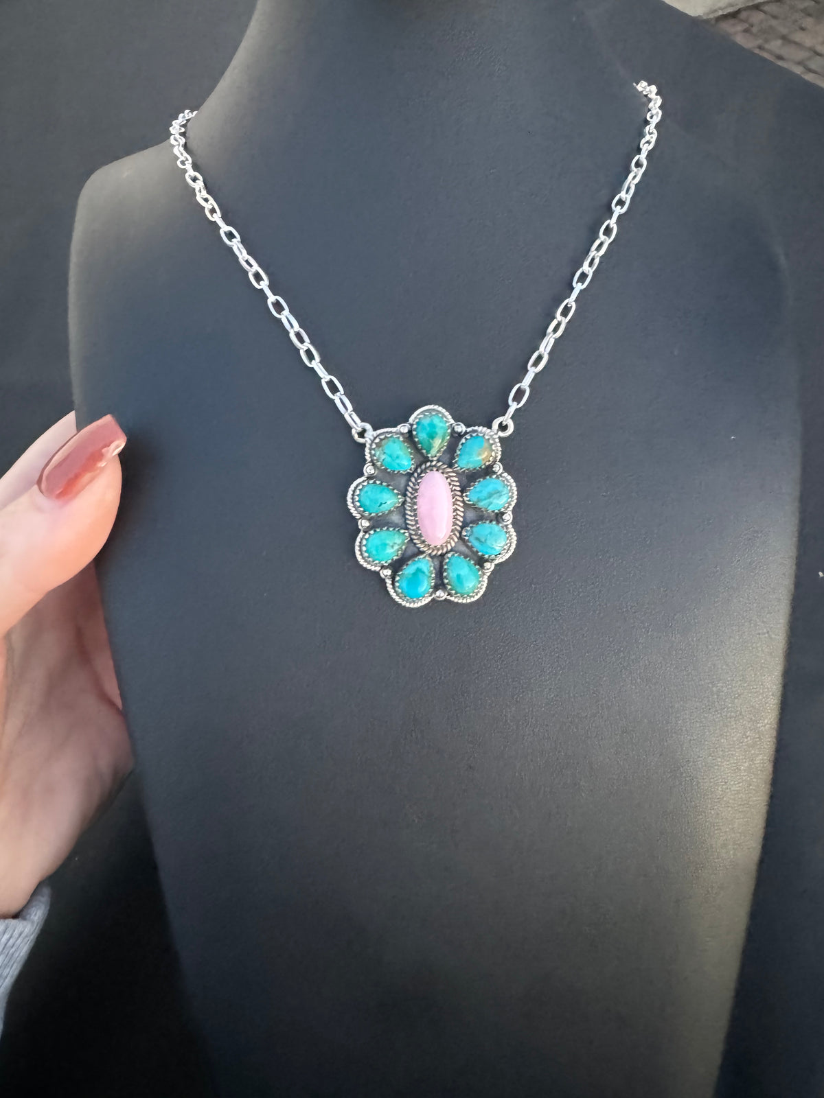 Pink conch and Kingman turquoise cluster necklace