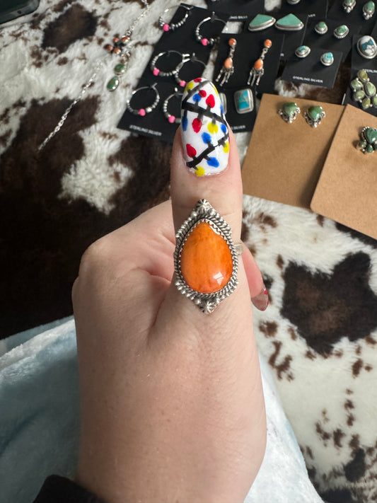 Orange spiny teardrop adjustable ring