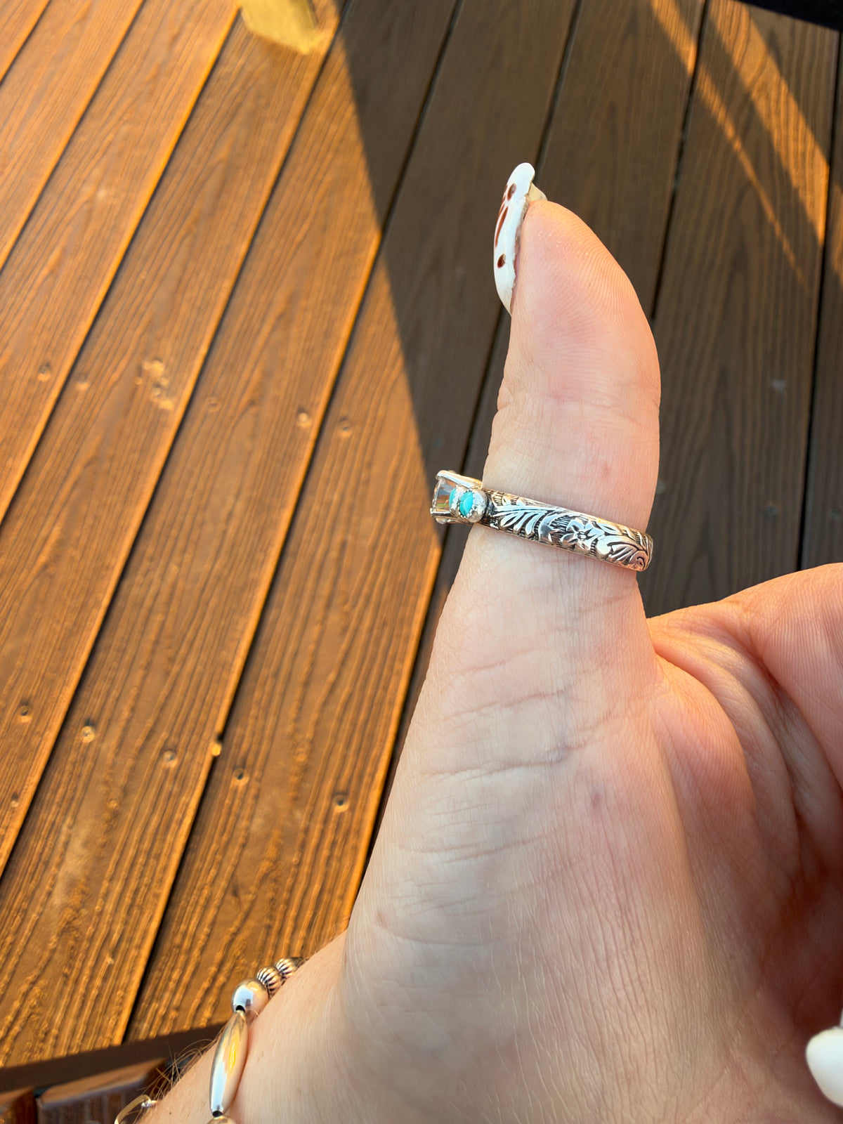 Moissanite 1ct and turquoise ring on stamped band sz 8