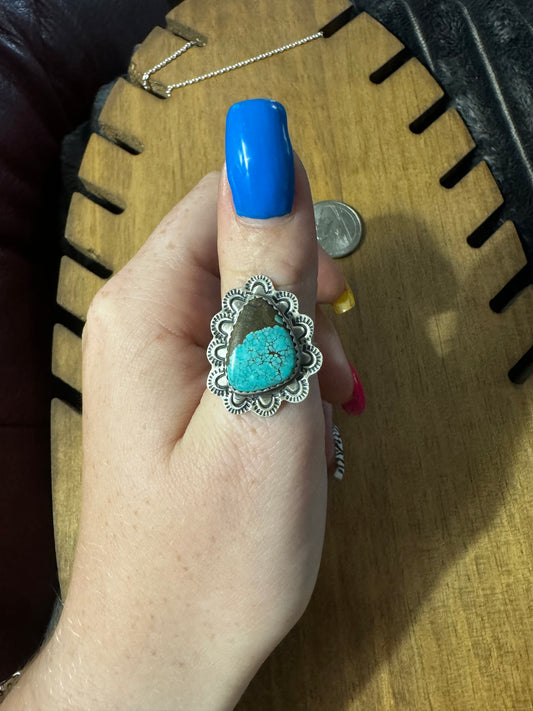 Sz 9 #8 turquoise ring with stamp work
