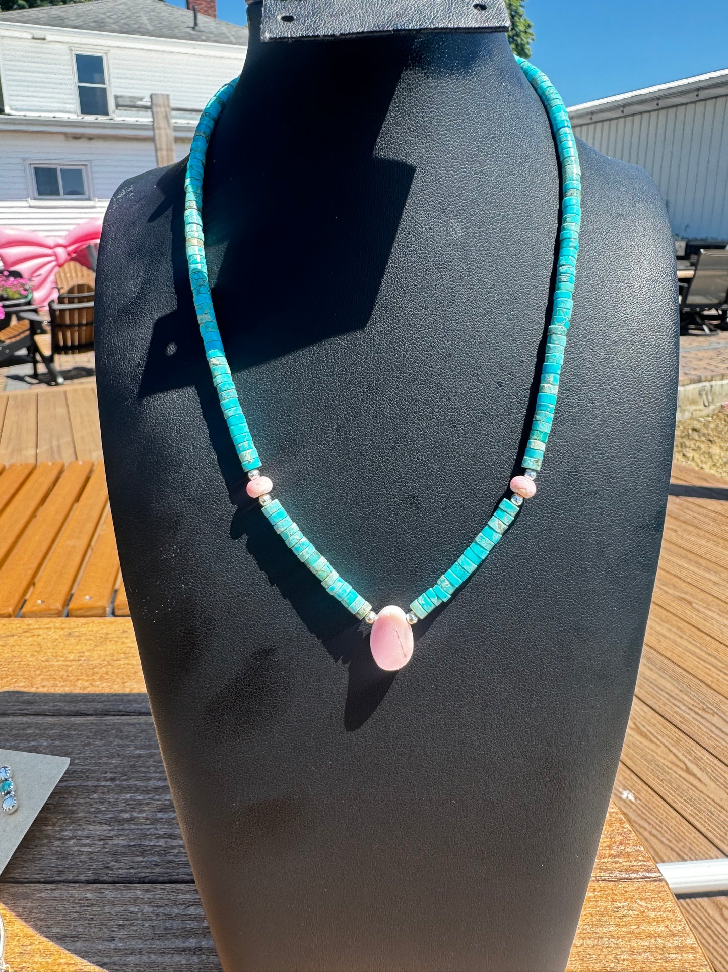 Turquoise chip and pink conch necklace