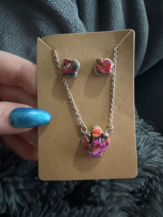 Pink dahlia cactus necklace and earrings set