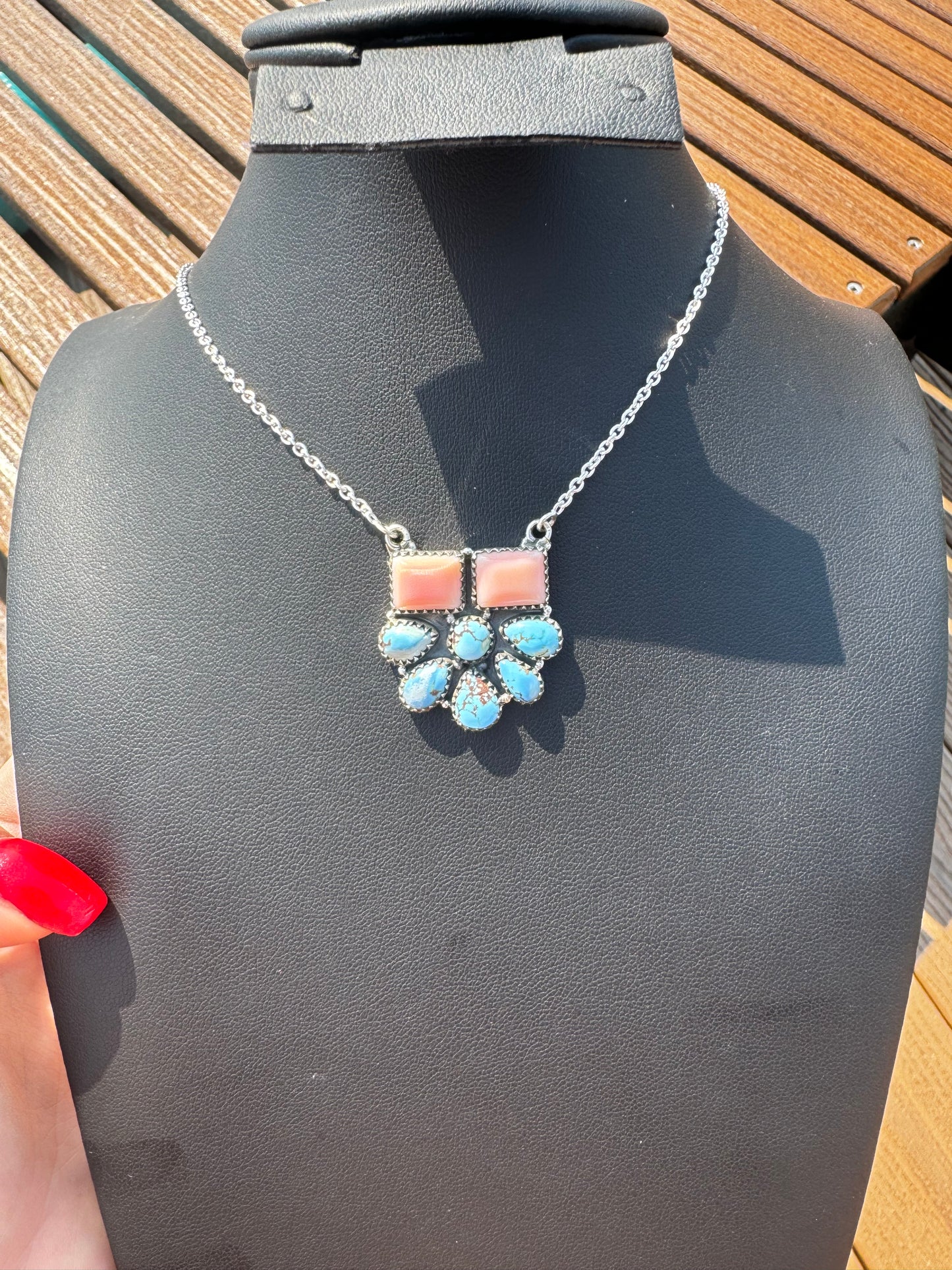 Pink conch and golden hills turquoise cluster necklace