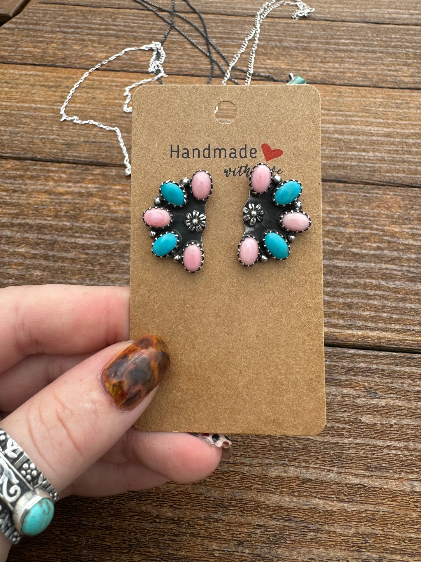 Pink conch and turquoise half cluster earrings