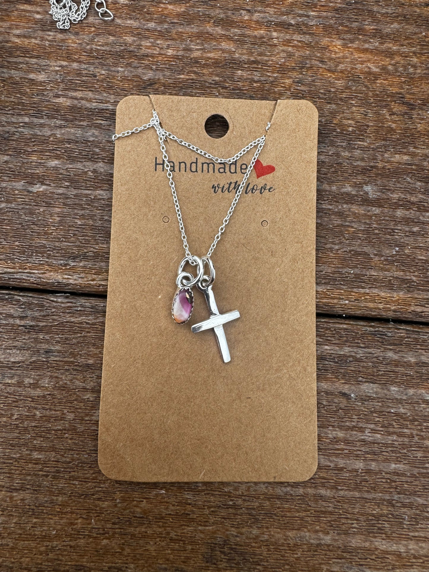 Pink dahlia charm cross necklace