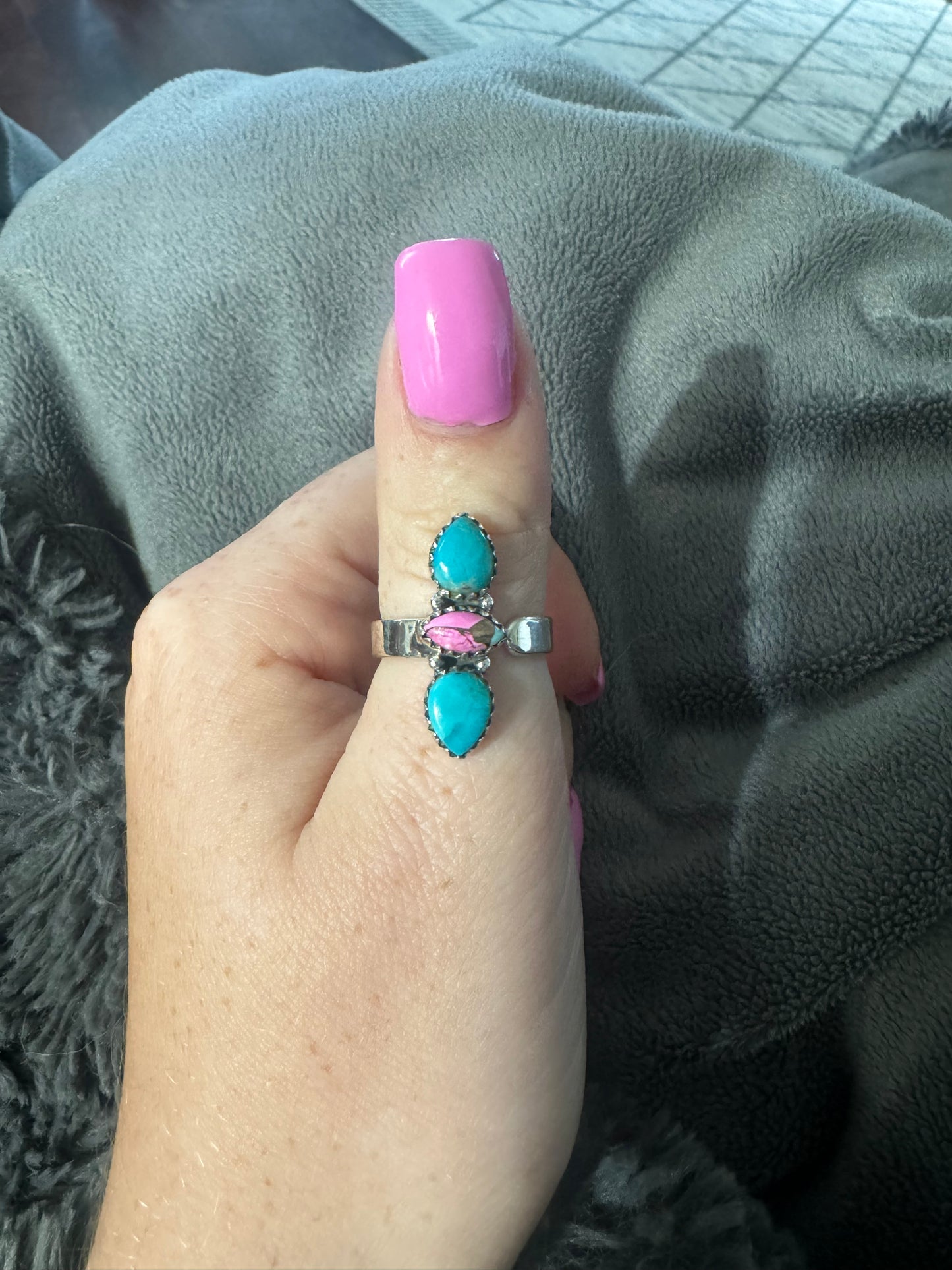 Turquoise and cotton candy 3 stone adjustable ring