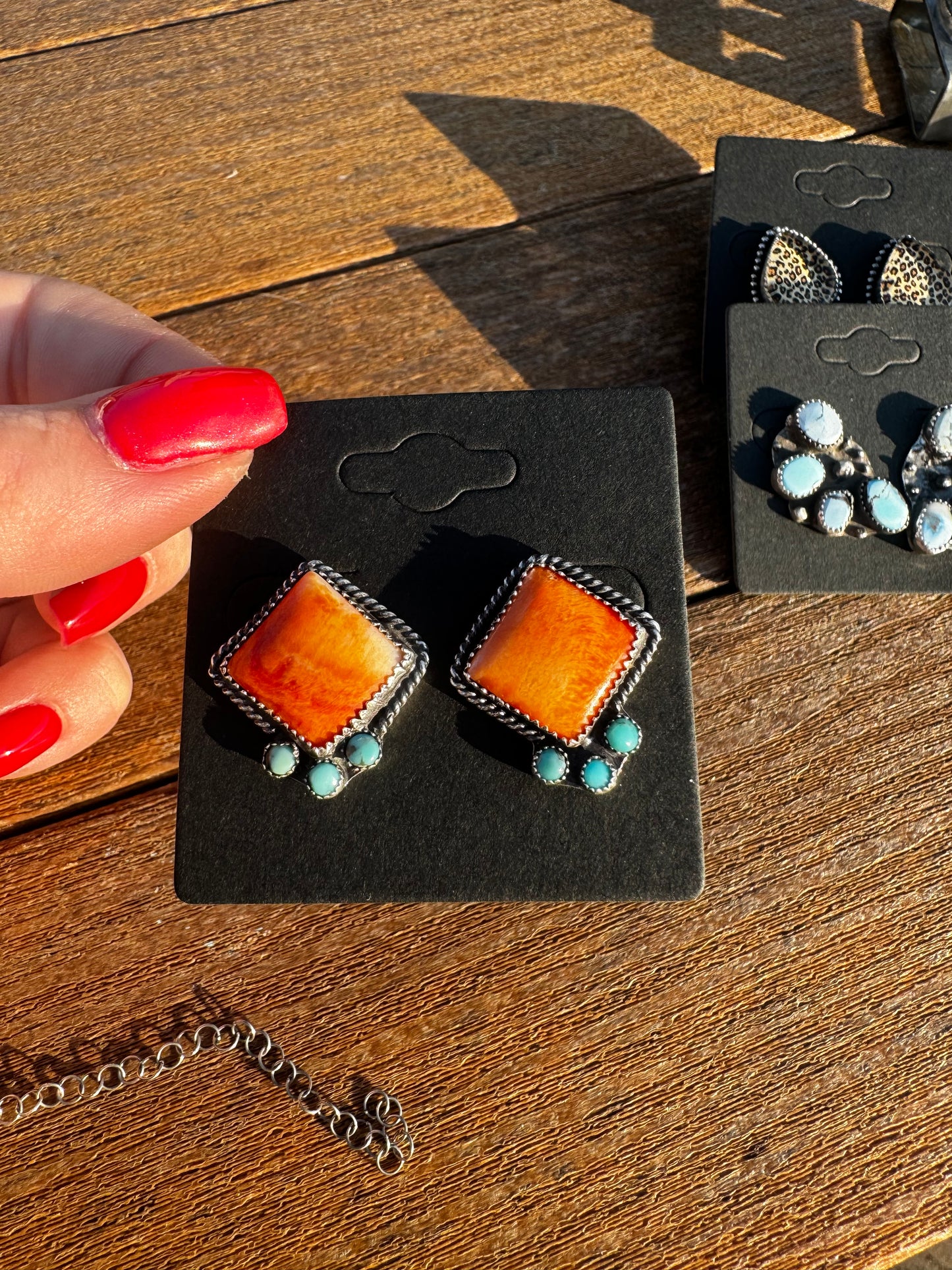 Orange spiny and Kingman turquoise stud earrings