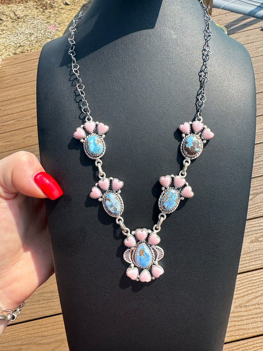 Pink conch and golden hills turquoise lariat necklace