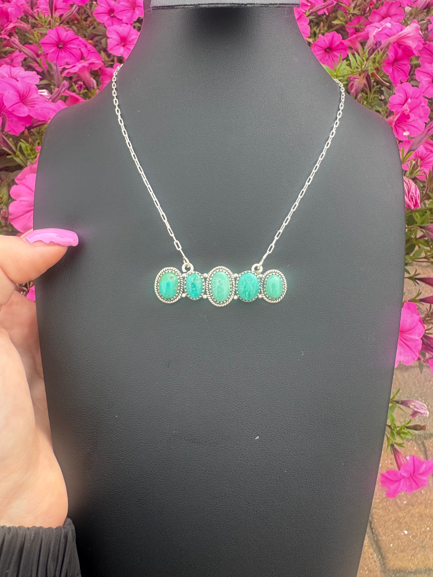 Stormy mountain turquoise 5 stone bar necklace