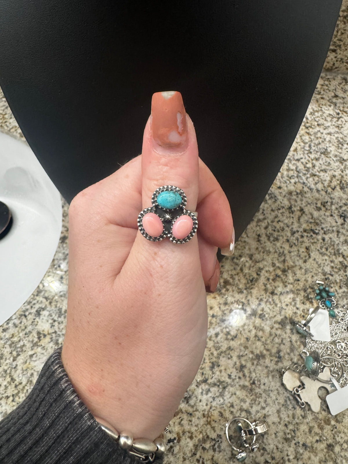Pink conch and turquoise adjustable cluster ring