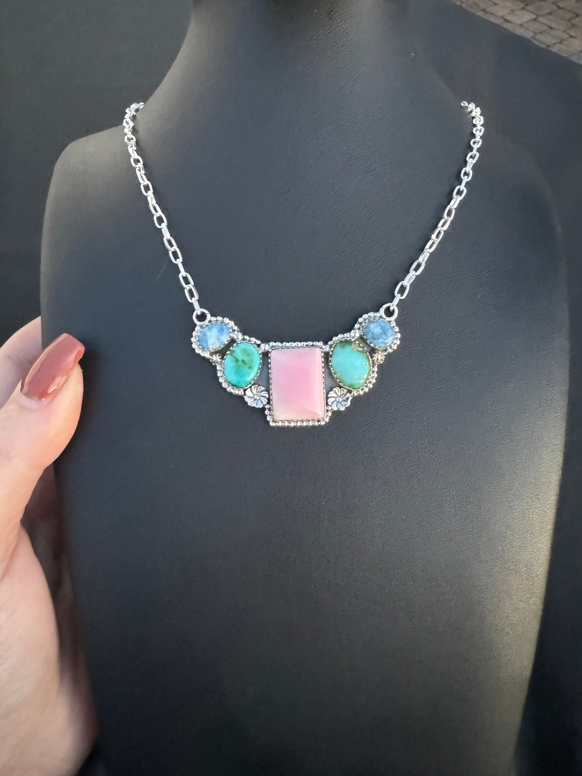 Pink conch Sonoran gold and golden hills turquoise curve bar necklace