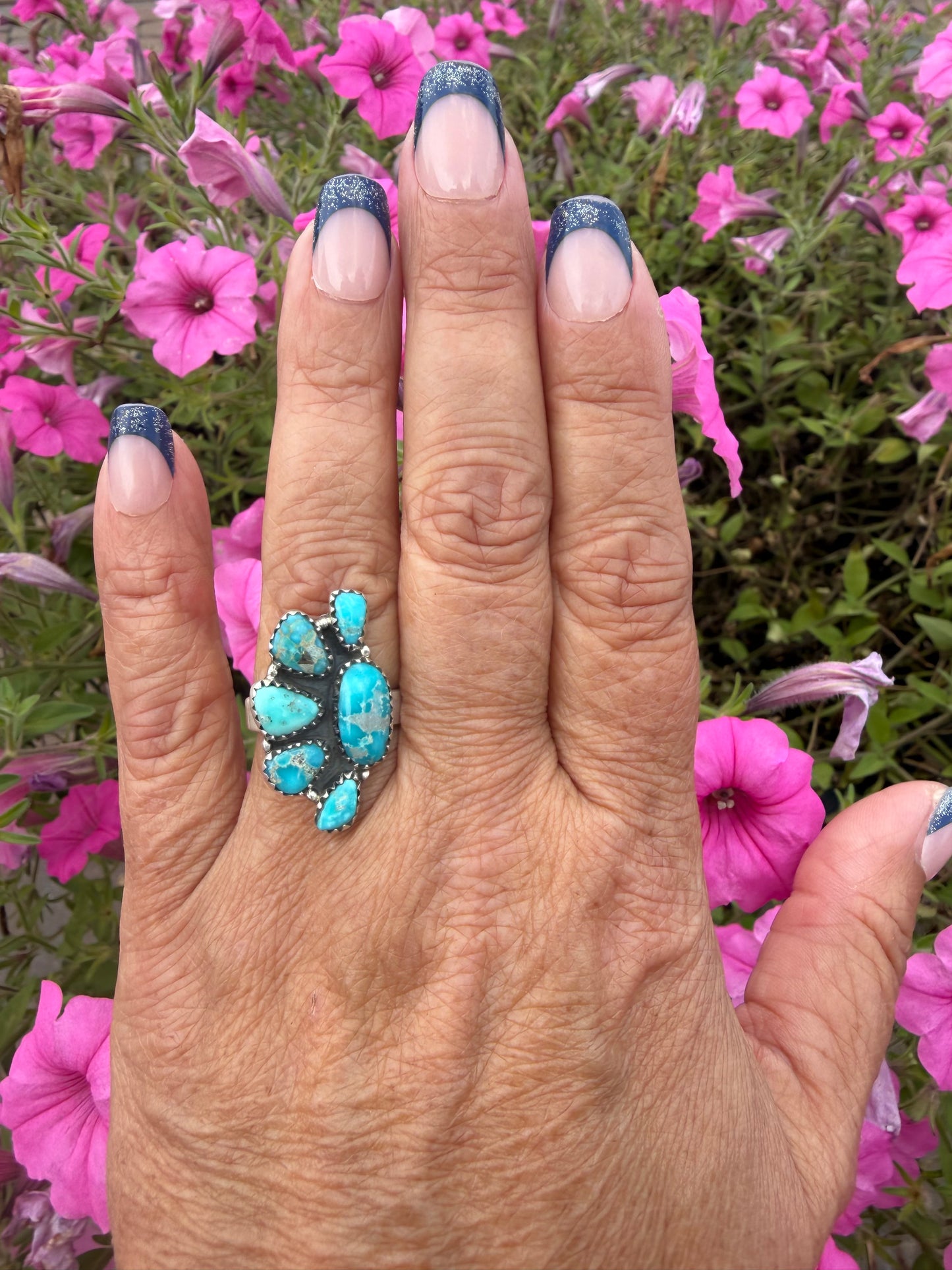 Whitewater turquoise half cluster adjustable ring