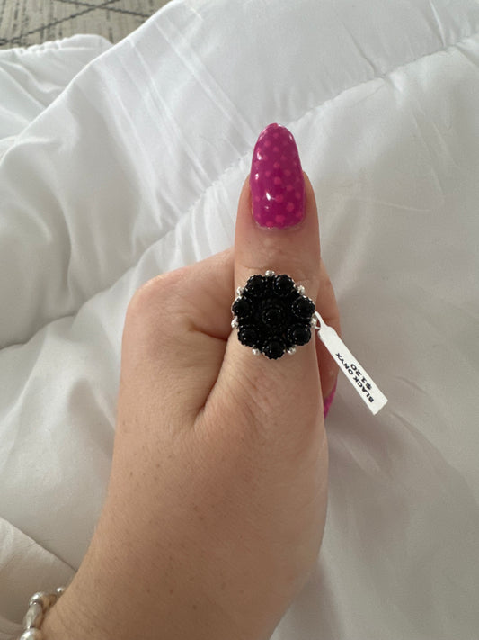 Black onyx flower adjustable ring