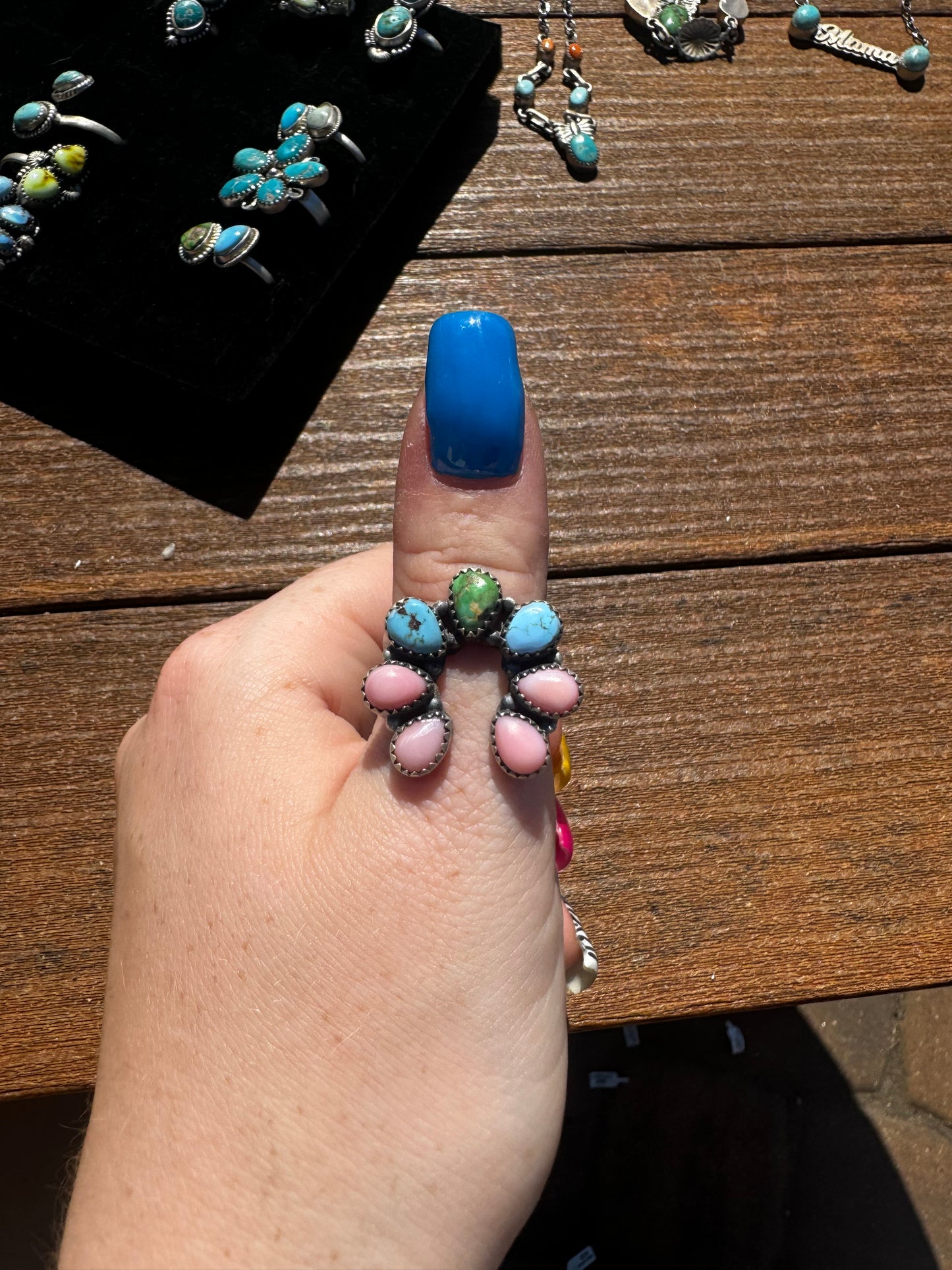 Pink conch Sonoran gold turquoise and golden hills turquoise adjustable naja ring