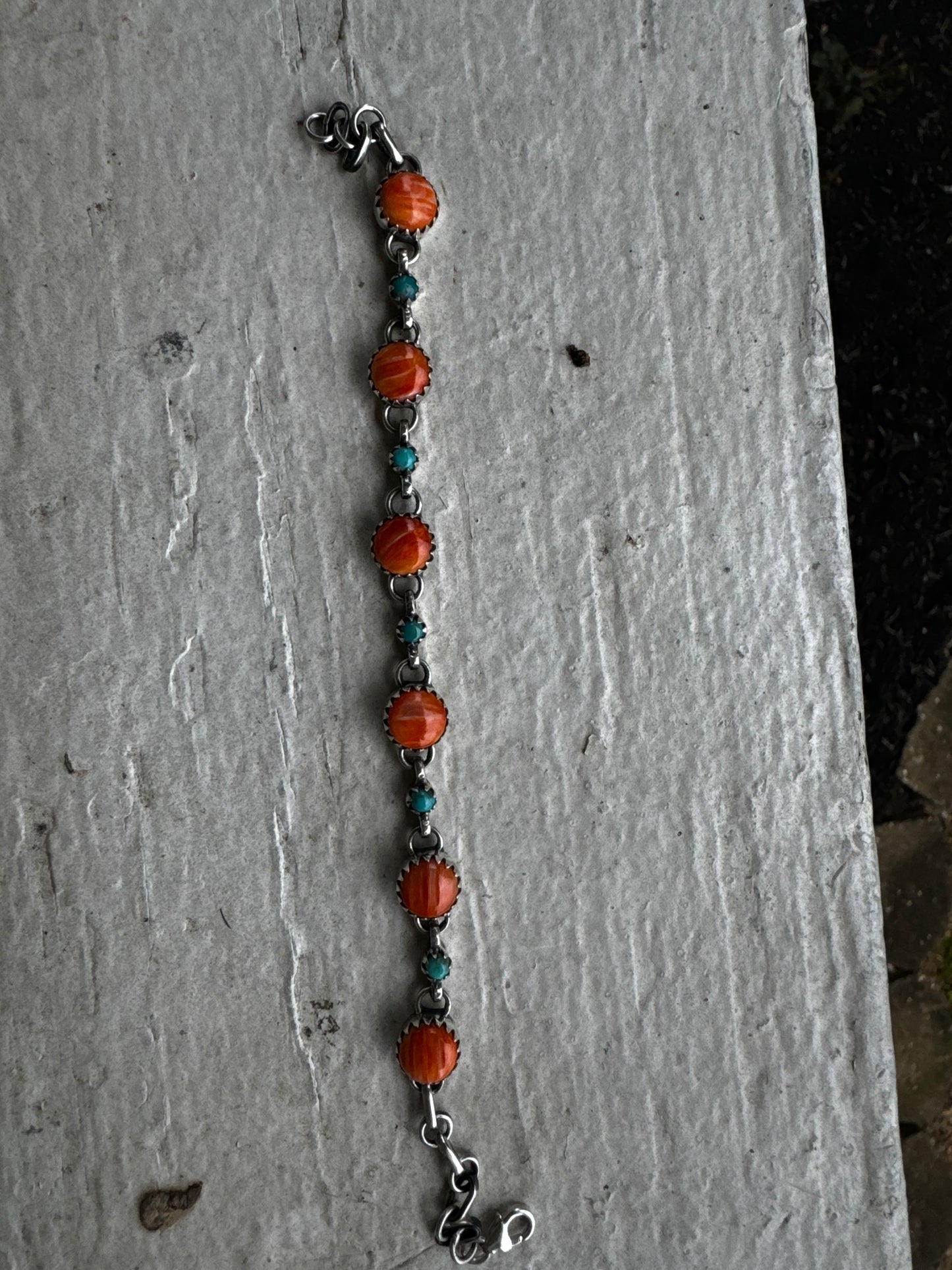 Orange spiny and Kingman turquoise chain bracelet