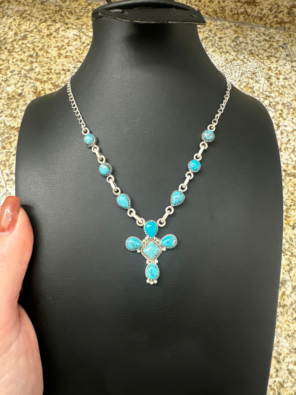 Turquoise cross lariat necklace
