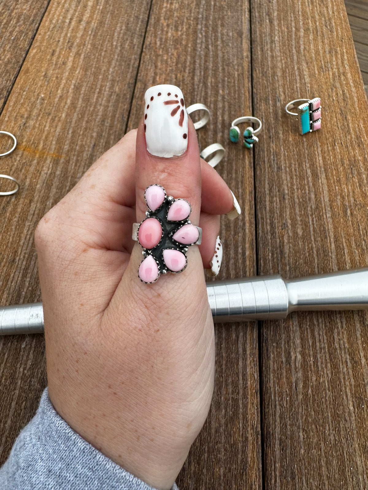 Pink conch half cluster adjustable ring