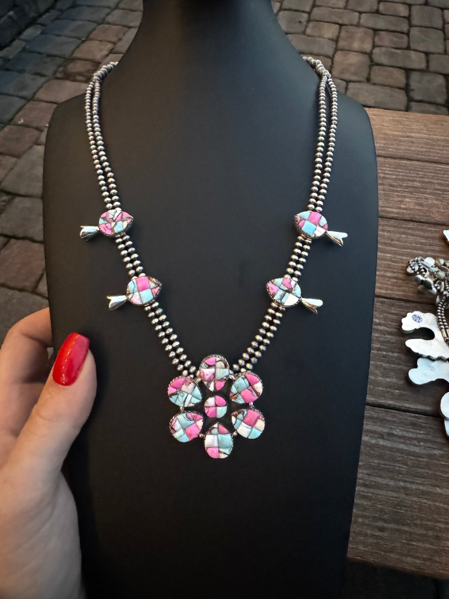 Cotton candy flower blossom necklace on pearls