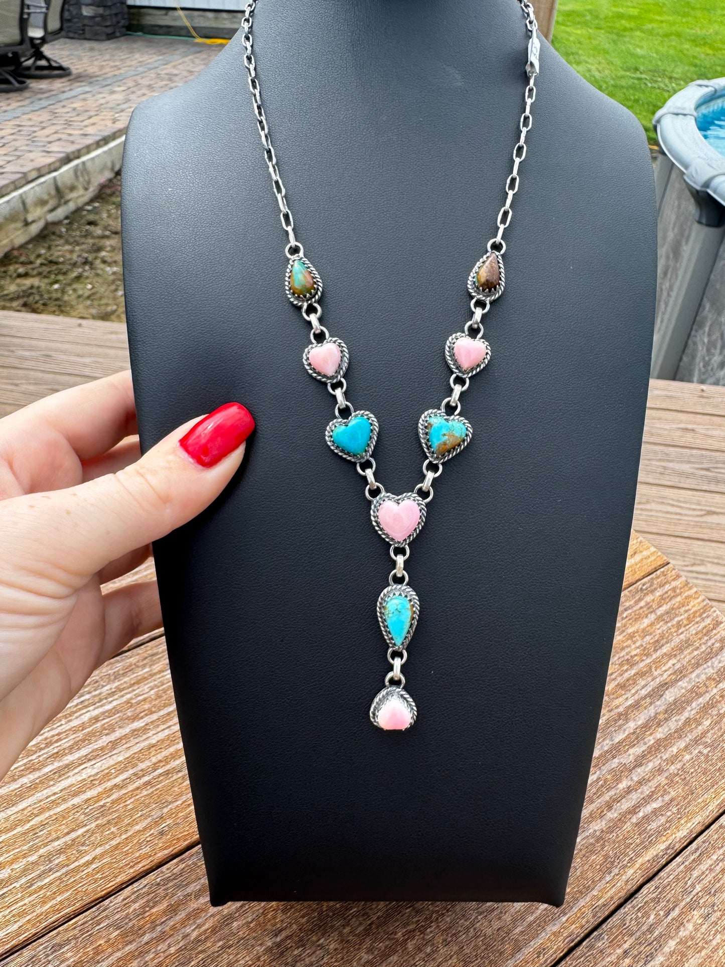 Turquoise and pink conch heart lariat necklace