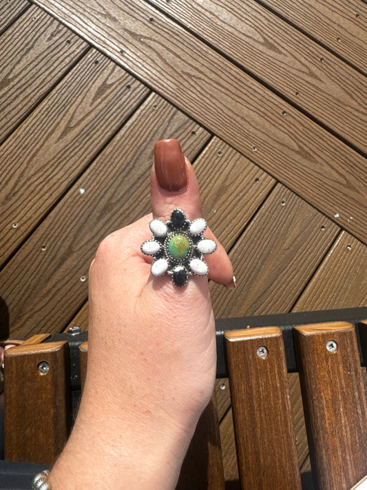 White Buffalo and turquoise adjustable cluster ring