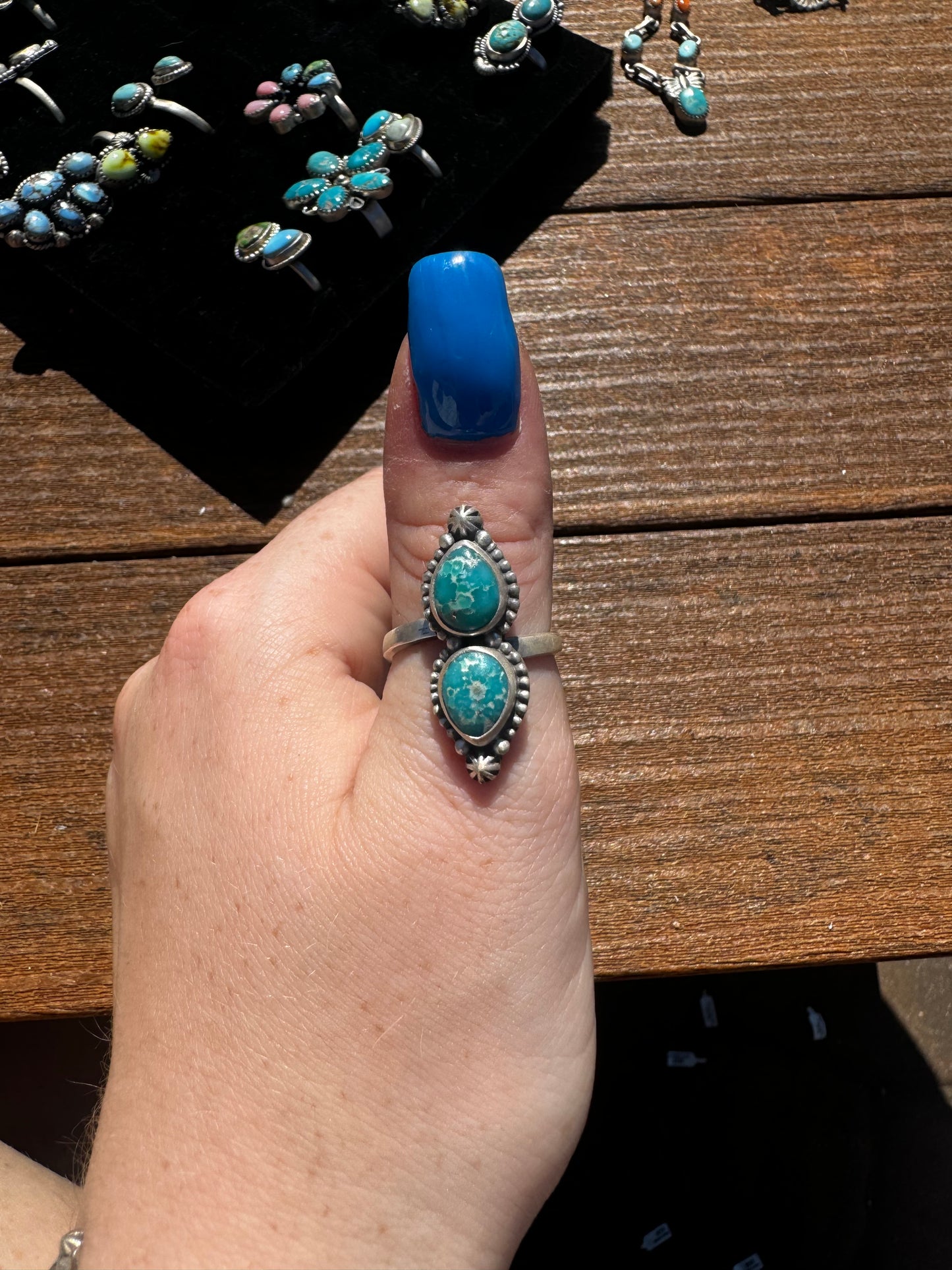 Two stone whitewater turquoise adjustable ring