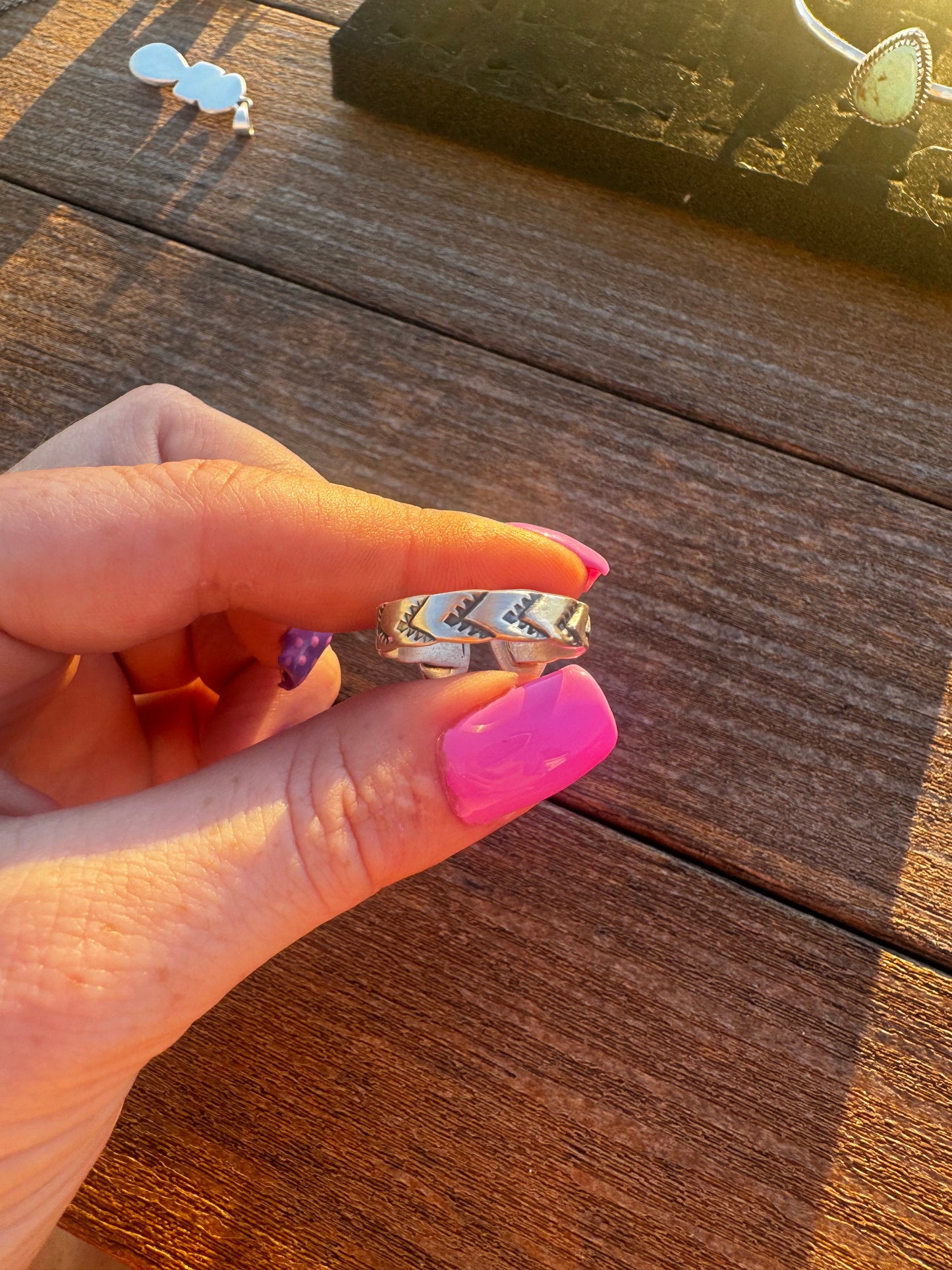Golden hills turquoise and palomino stamped band floater ring
