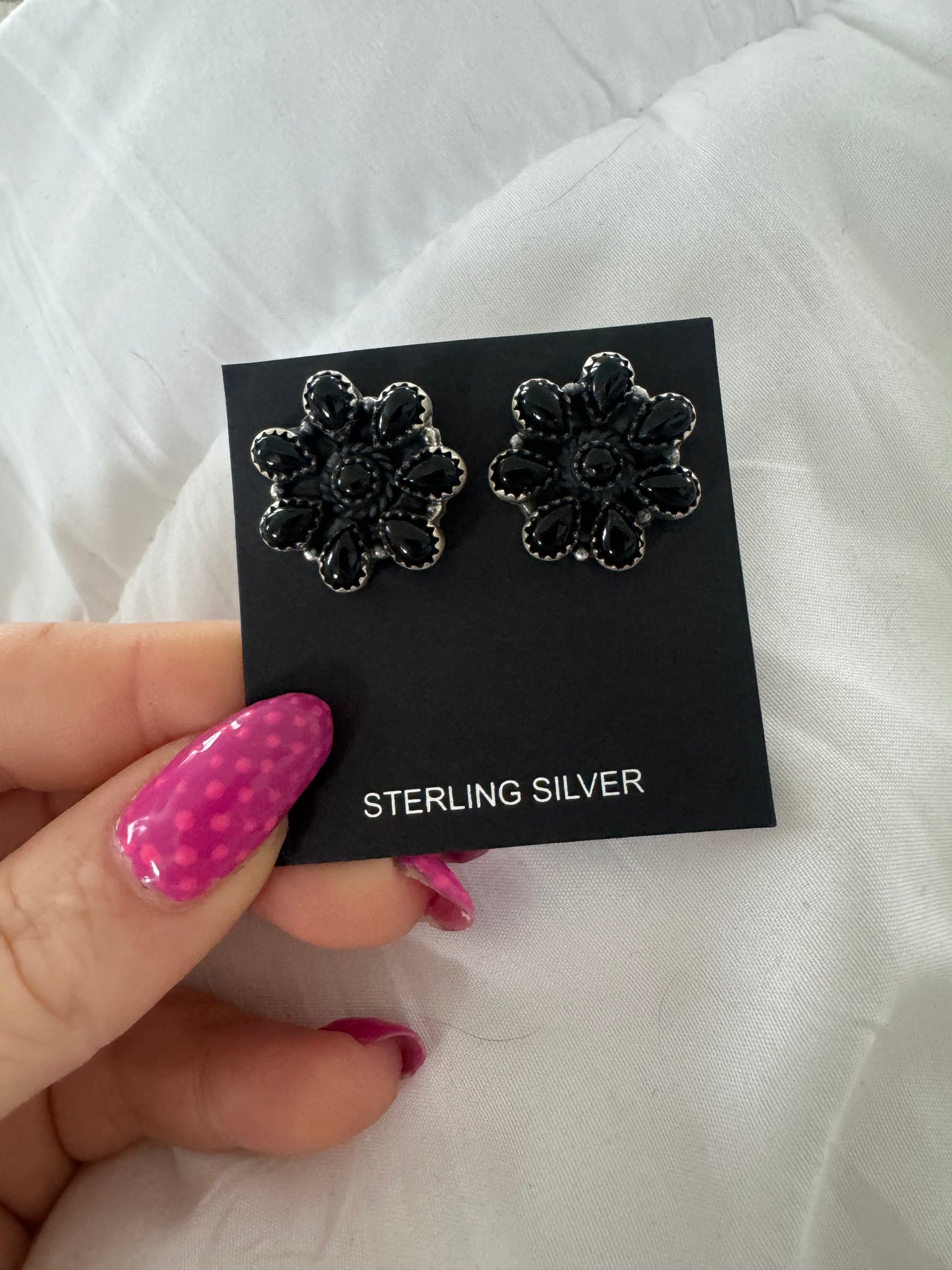 Black onyx flower cluster studs