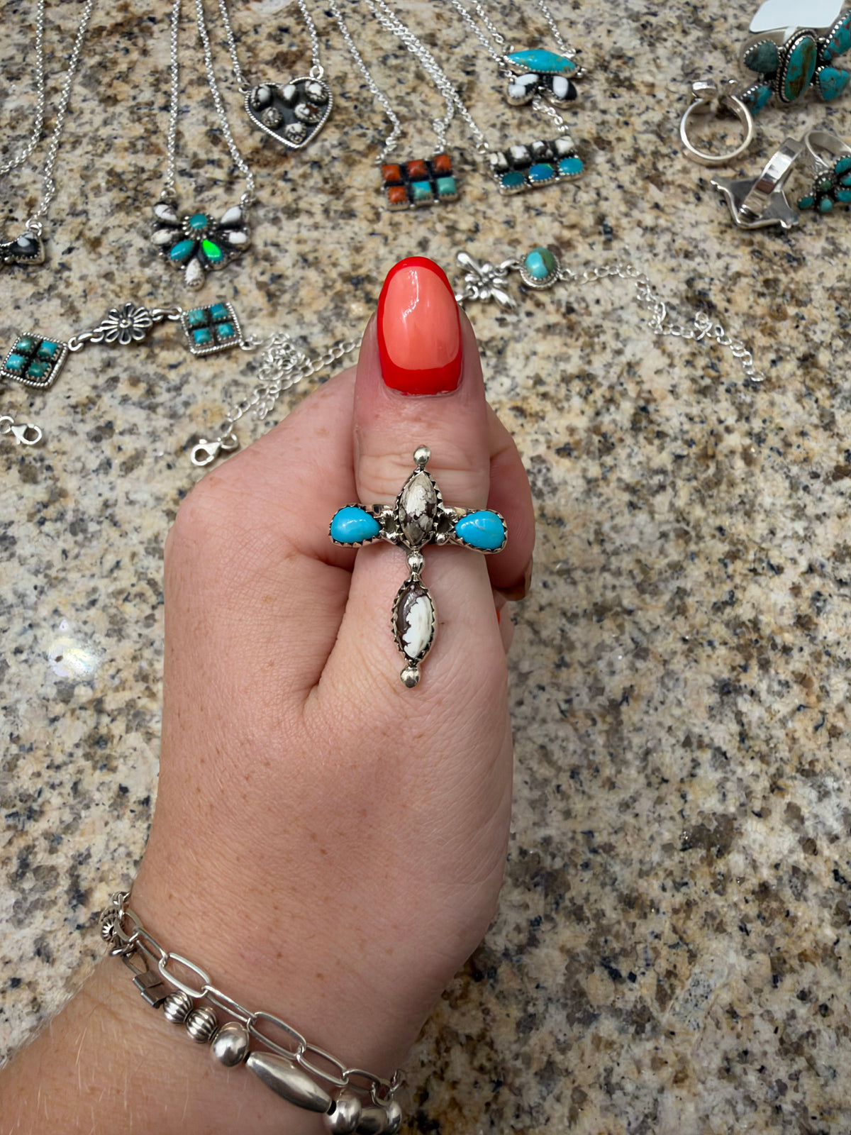 Wild horse and turquoise adjustable cross ring