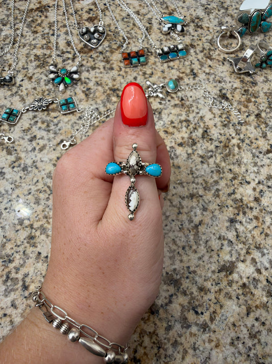 Wild horse and turquoise adjustable cross ring