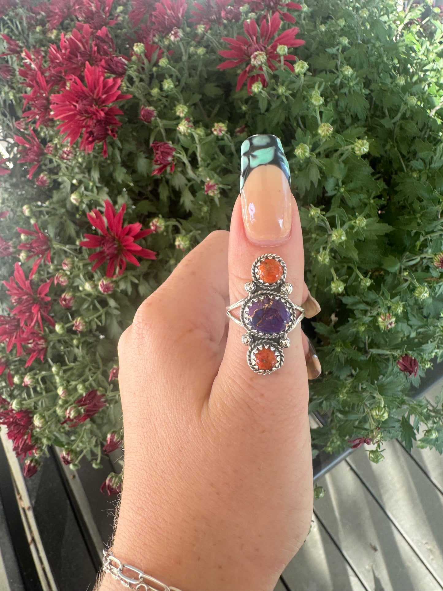 Sz 9 Orange Mojave and purple Mojave ring