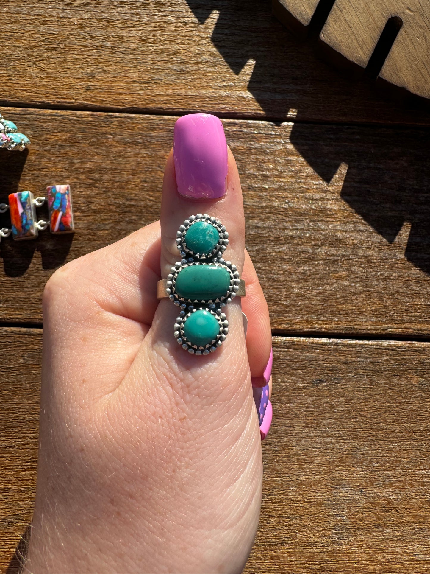 Stormy mountain turquoise adjustable 3 stone ring