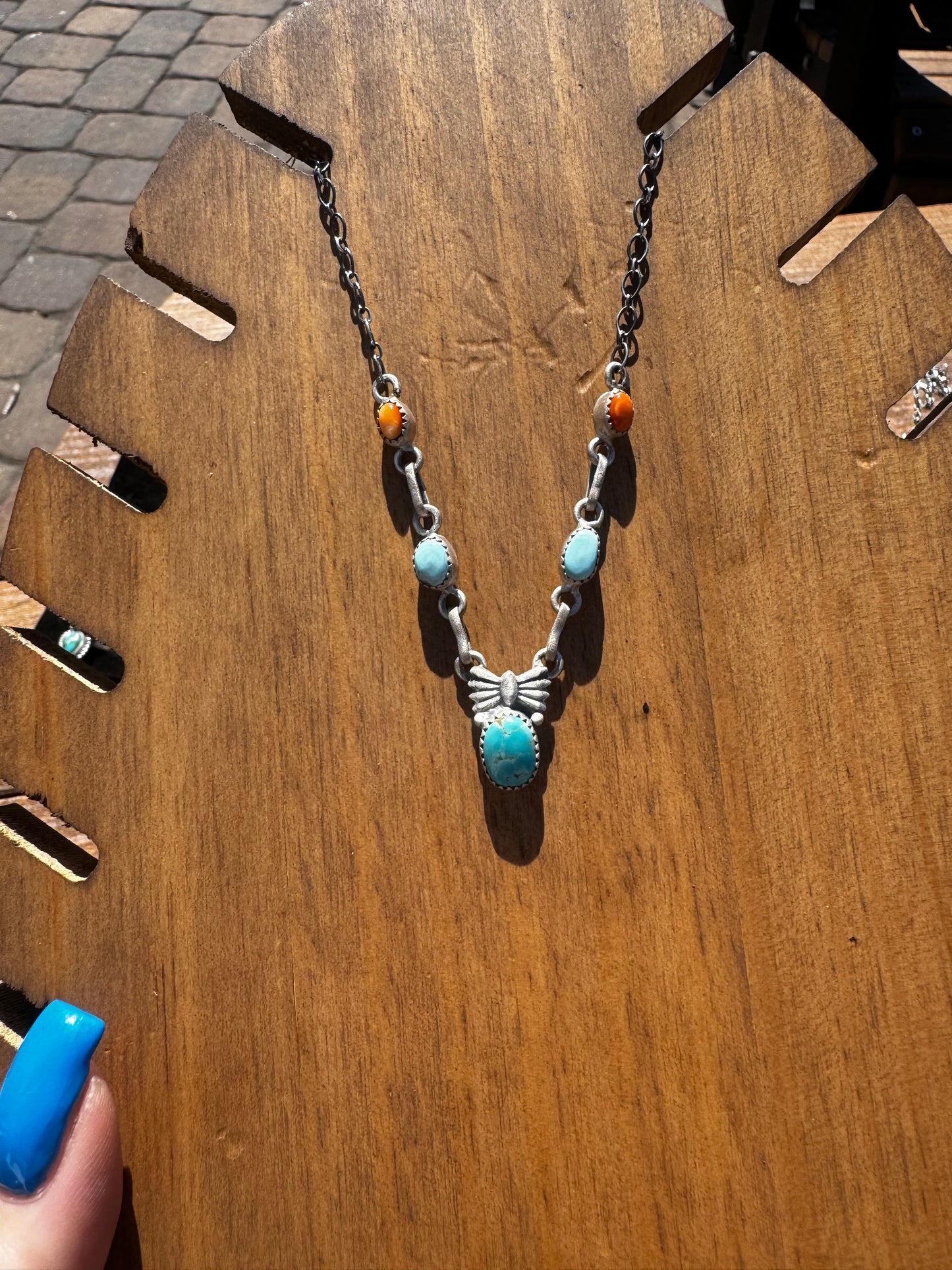 Golden hills turquoise, orange spiny, and Kingman turquoise lariat necklace