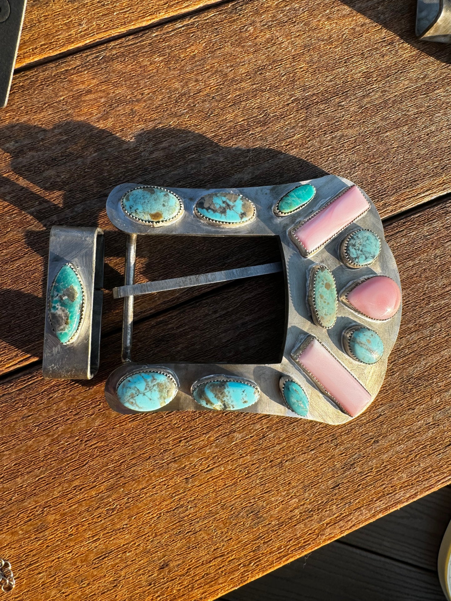 Pink conch and Arizona turquoise belt buckle and keeper