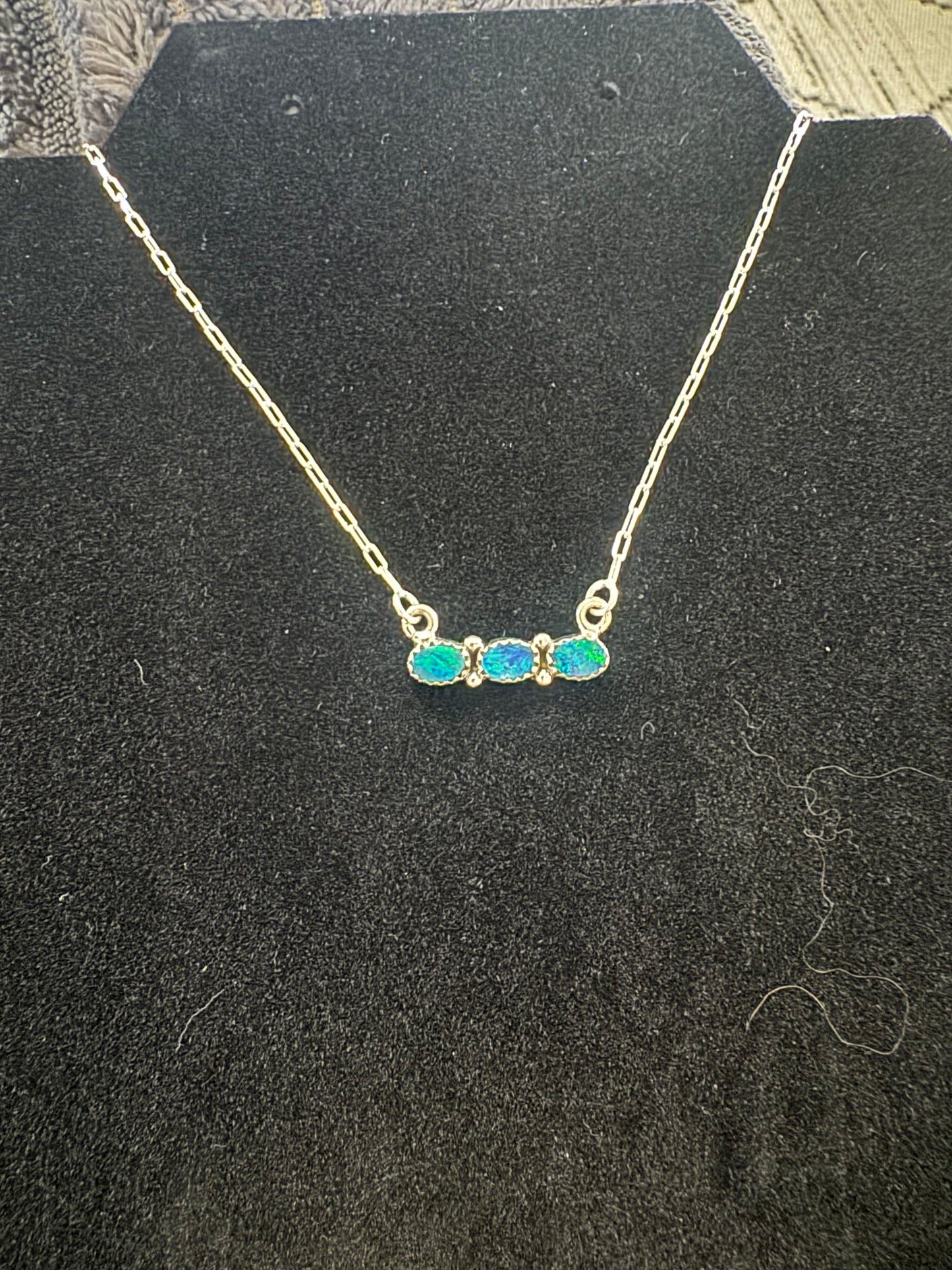 3 stone small blue opal necklace