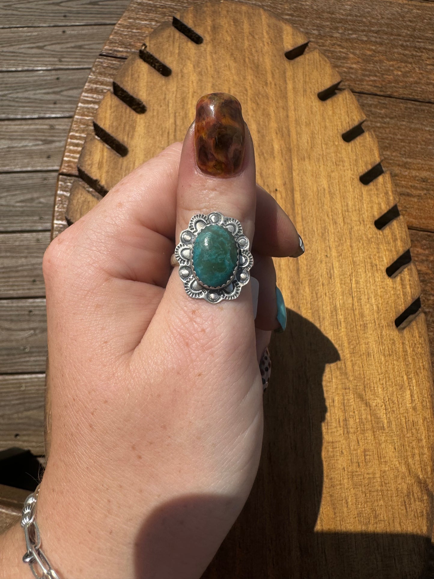Sz 8 morenci turquoise with silverwork