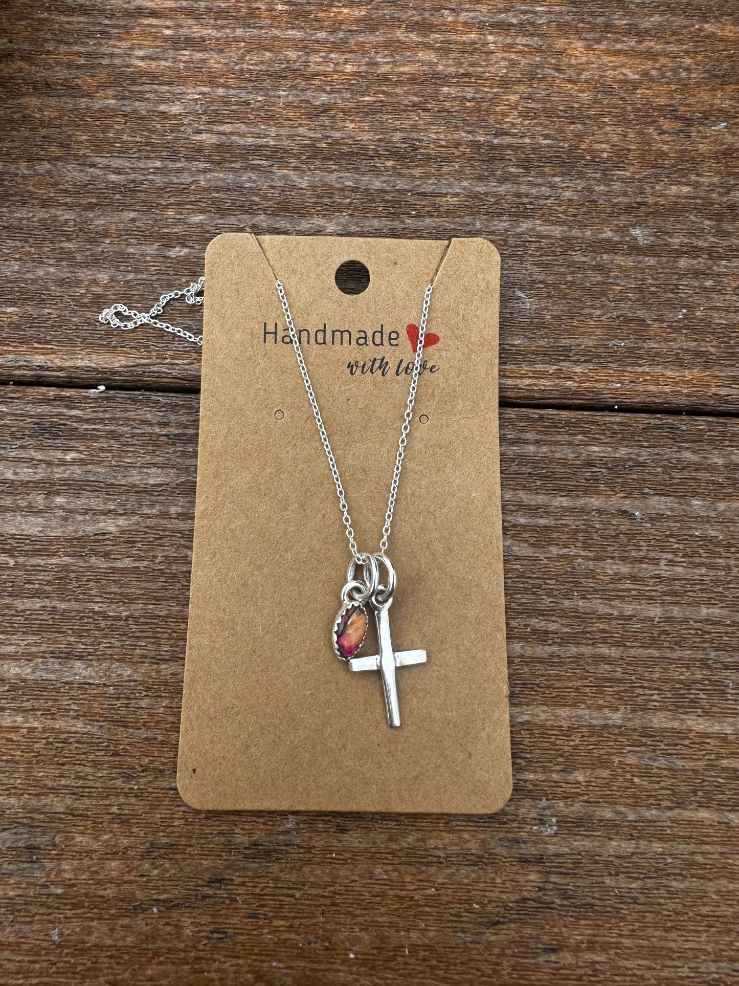 Pink dahlia cross charm necklace
